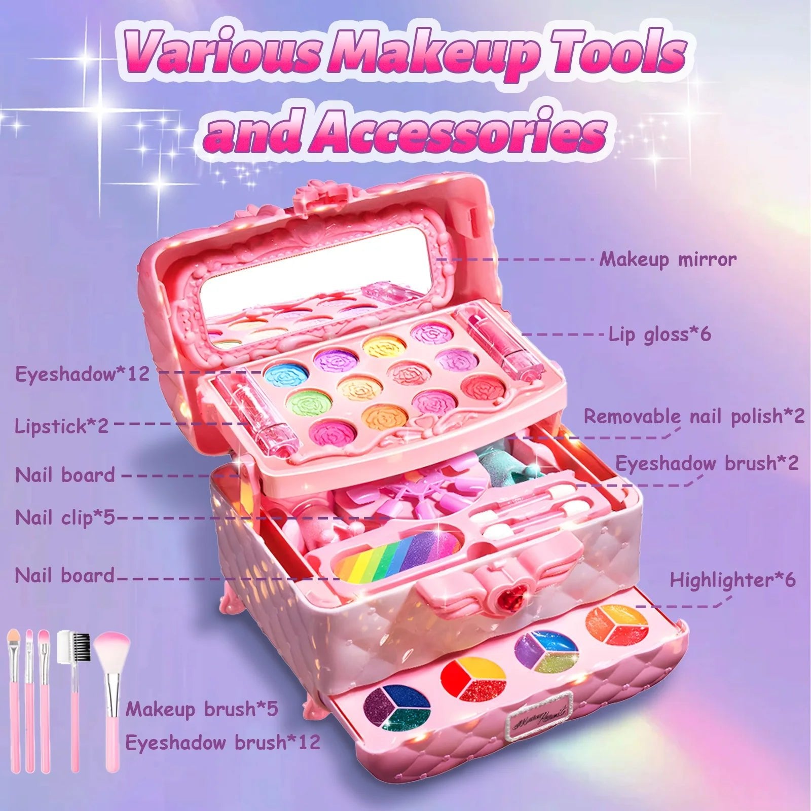 Kids multi-layer foldable makeup set for girls, pretend play cosmetic kit with storage box